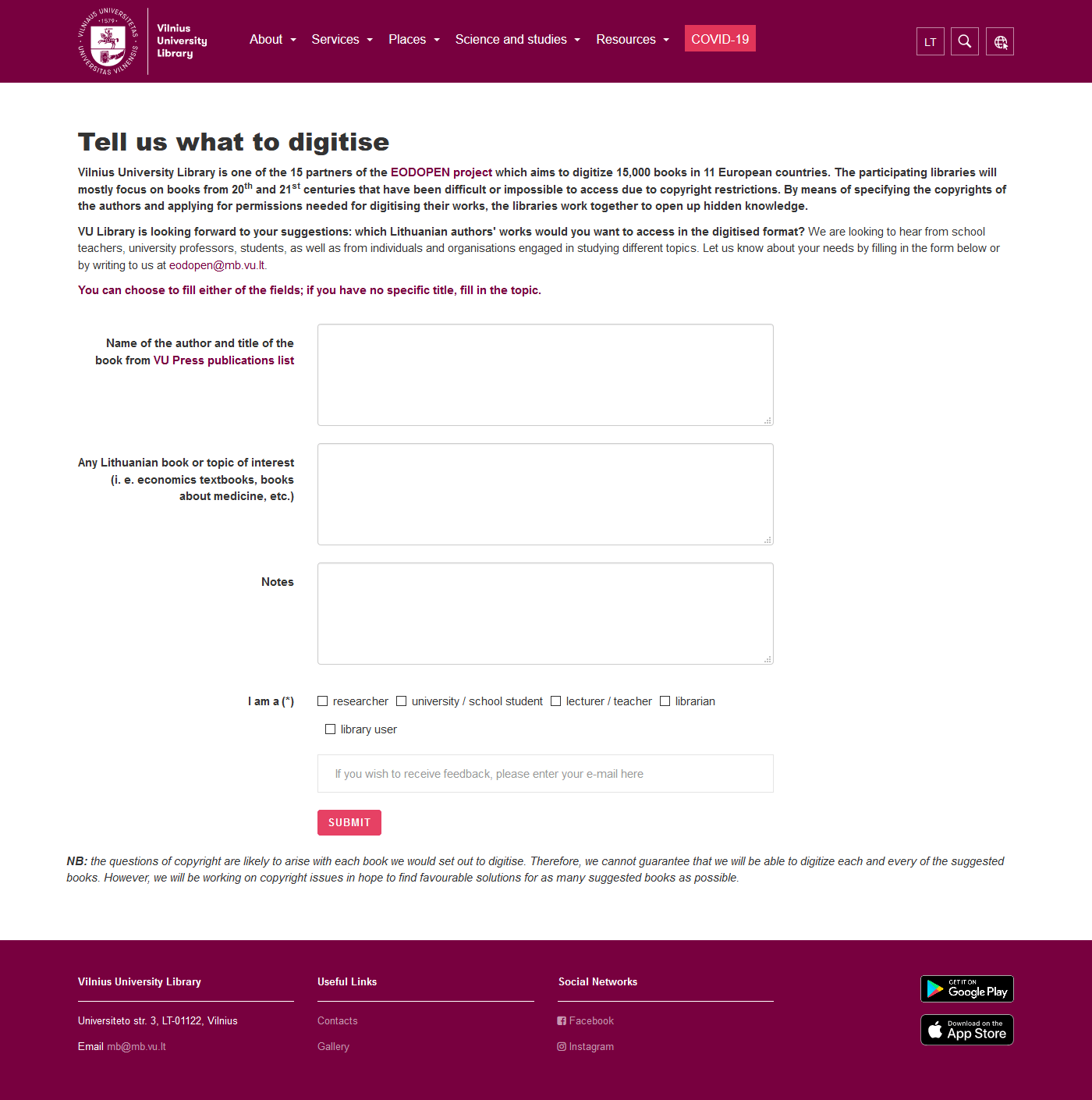 Vilnius University Library’s Online survey form